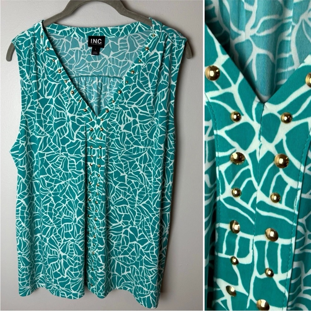 INC International Concepts Sleeveless Blouse Size Large Top V-Neck Stud Detail